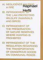 Raphael Hefti: a) negligence causing a fire - b) infringement of the law protecting wildlife (mammals and birds) - c) infringement of the preservation of nature reserves where hunting is prohibited - d) infringement of the regulation regarding the transportation of dangerous goods on communal roads